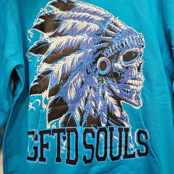 GFTD LA GFTD Souls Skull Feathers Crystals Blue Hoodie Size Medium - Picture 3 of 9